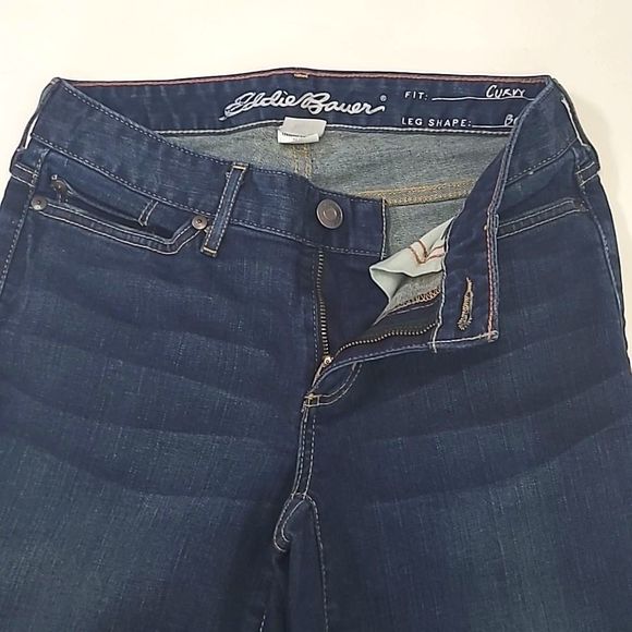 Eddie Bauer Curvy Bootcut Jeans Low Waist Rise Dark Wash Distressed Tall Long - Picture 13 of 17